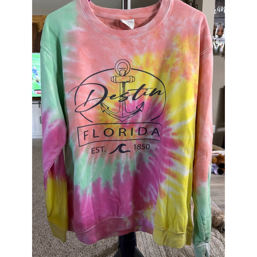 Dreamside Destin Florida Tie Dye Sweatshirt Large Pink Yellow Green Souvenir